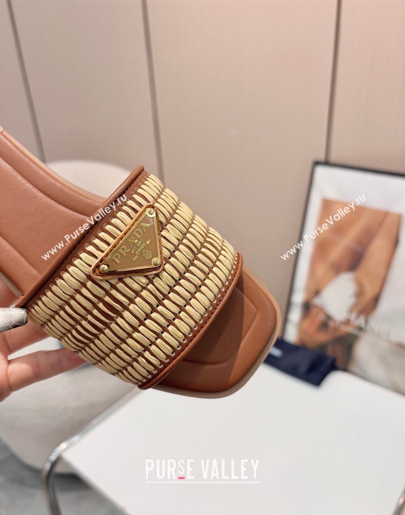 Prada Leather flat slides sandal with crochet details Brown 2025 1XX758 (MD-250424141)