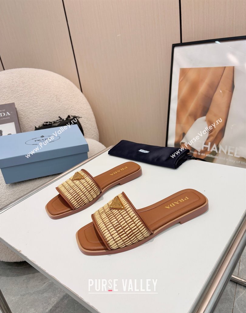 Prada Leather flat slides sandal with crochet details Brown 2025 1XX758 (MD-250424141)