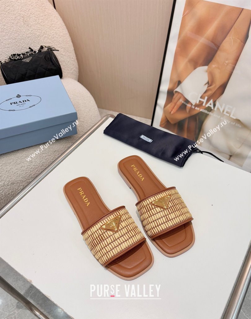 Prada Leather flat slides sandal with crochet details Brown 2025 1XX758 (MD-250424141)