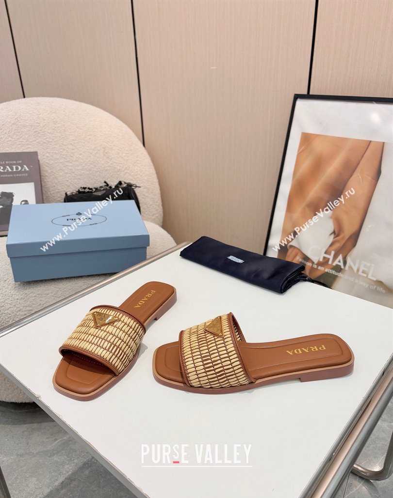Prada Leather flat slides sandal with crochet details Brown 2025 1XX758 (MD-250424141)