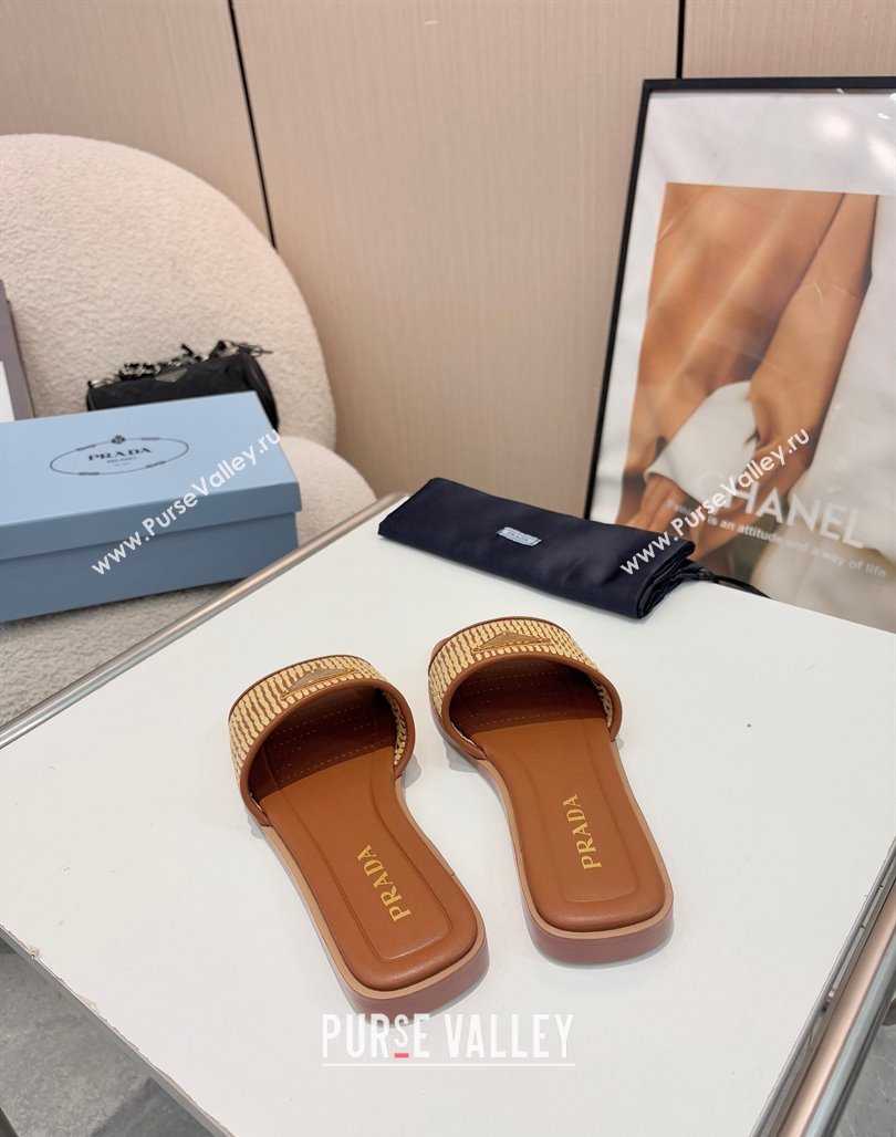 Prada Leather flat slides sandal with crochet details Brown 2025 1XX758 (MD-250424141)