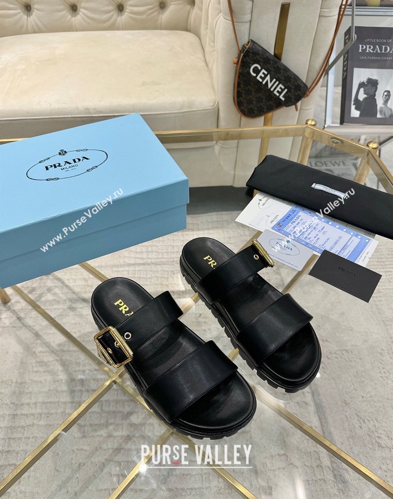 Prada Leather flat slides sandal with buckle Black 2025 1XX715 (MD-250424143)