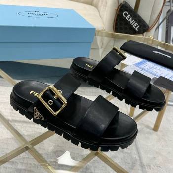 Prada Leather flat slides sandal with buckle Black 2025 1XX715 (MD-250424143)