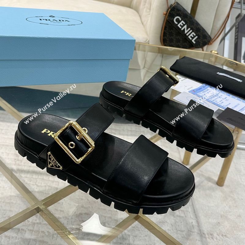 Prada Leather flat slides sandal with buckle Black 2025 1XX715 (MD-250424143)