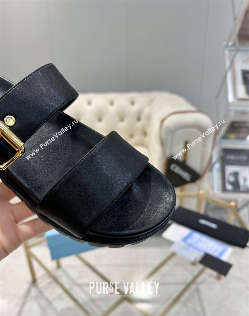 Prada Leather flat slides sandal with buckle Black 2025 1XX715 (MD-250424143)