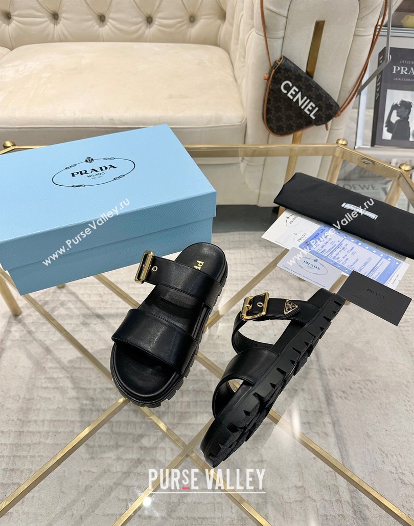 Prada Leather flat slides sandal with buckle Black 2025 1XX715 (MD-250424143)