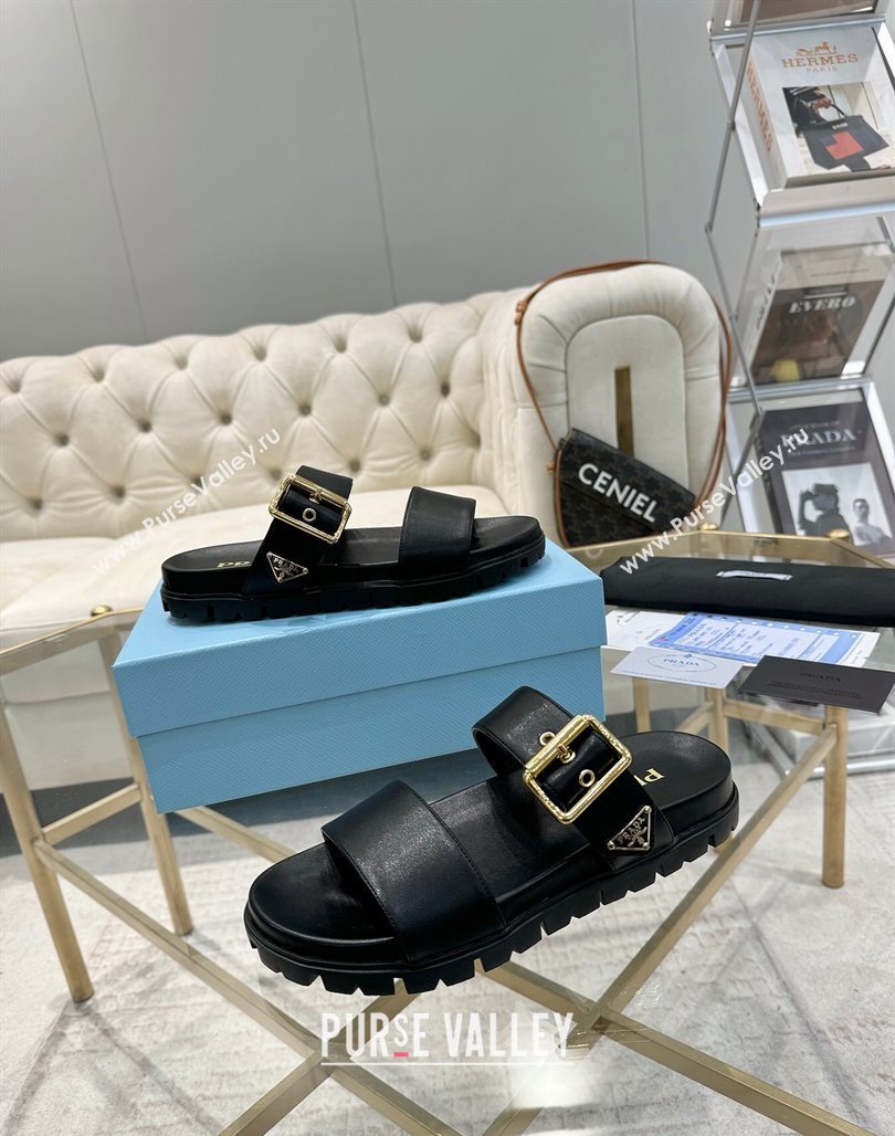 Prada Leather flat slides sandal with buckle Black 2025 1XX715 (MD-250424143)