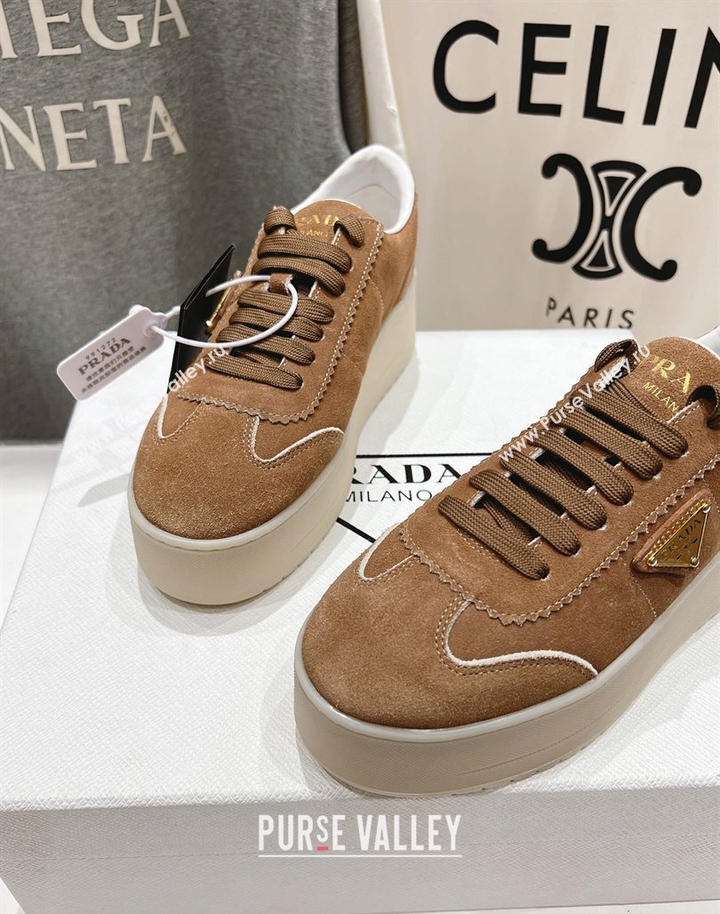 Prada Downtown Bold Suede Sneakers Tan Brown 2025 1E928N (MD-250424090)