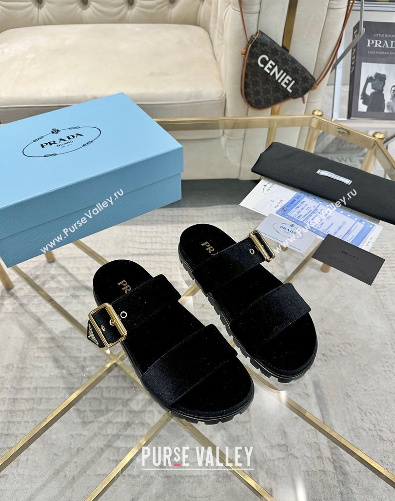 Prada Velvet flat slides sandal with buckle Black 2025 1XX715 (MD-250424149)