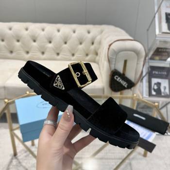 Prada Velvet flat slides sandal with buckle Black 2025 1XX715 (MD-250424149)