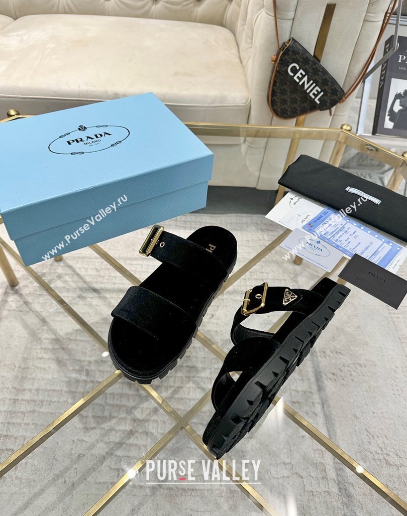 Prada Velvet flat slides sandal with buckle Black 2025 1XX715 (MD-250424149)