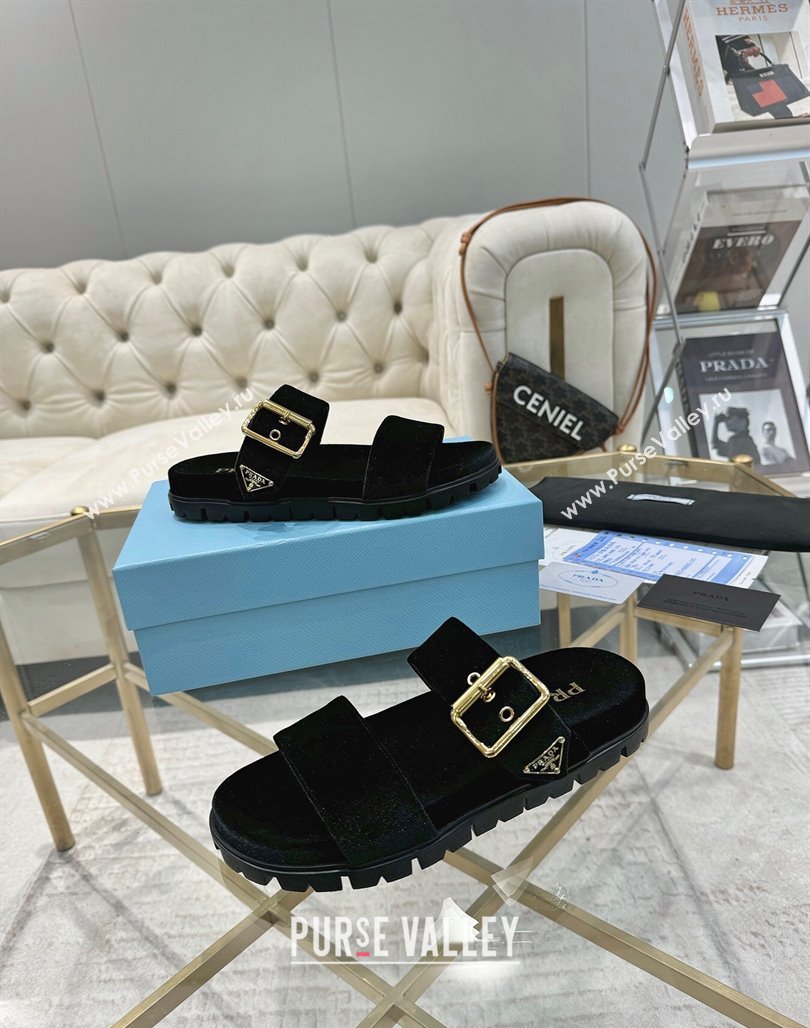 Prada Velvet flat slides sandal with buckle Black 2025 1XX715 (MD-250424149)