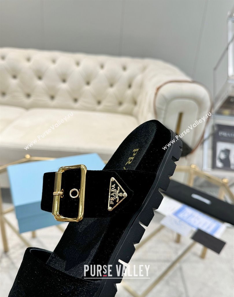 Prada Velvet flat slides sandal with buckle Black 2025 1XX715 (MD-250424149)