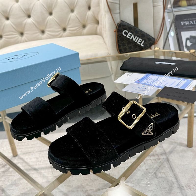 Prada Velvet flat slides sandal with buckle Black 2025 1XX715 (MD-250424149)