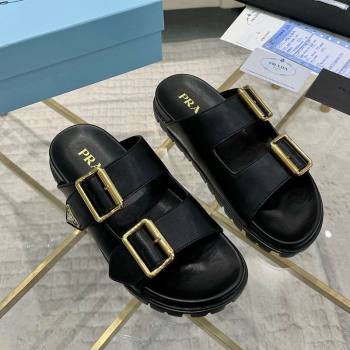 Prada Leather flat slides sandal with buckle Black 2025 1XX692 (MD-250424151)