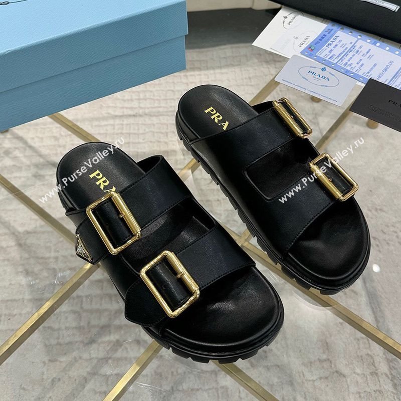 Prada Leather flat slides sandal with buckle Black 2025 1XX692 (MD-250424151)
