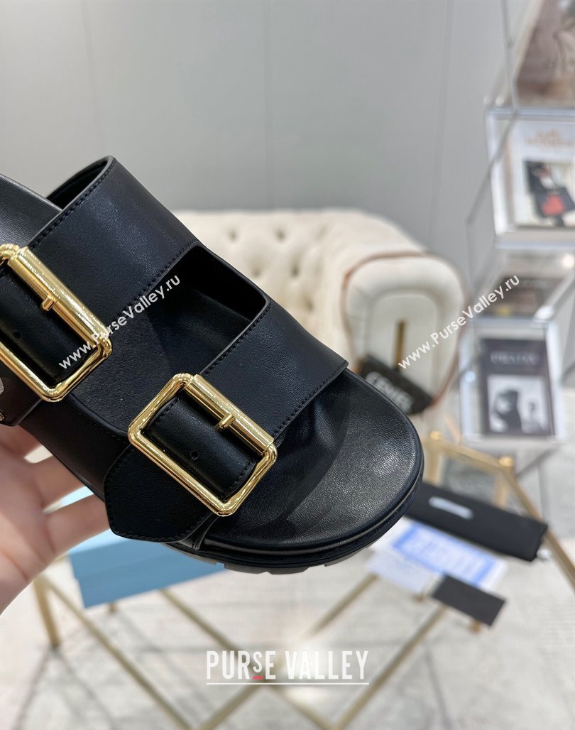 Prada Leather flat slides sandal with buckle Black 2025 1XX692 (MD-250424151)