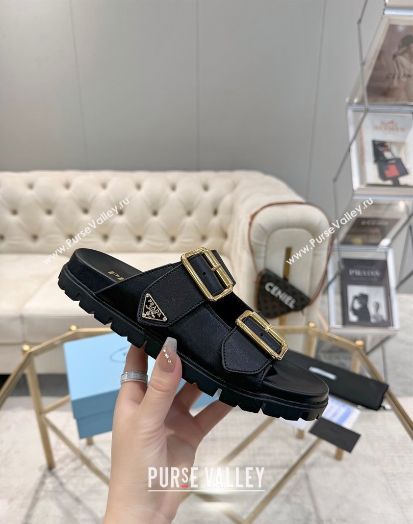 Prada Leather flat slides sandal with buckle Black 2025 1XX692 (MD-250424151)