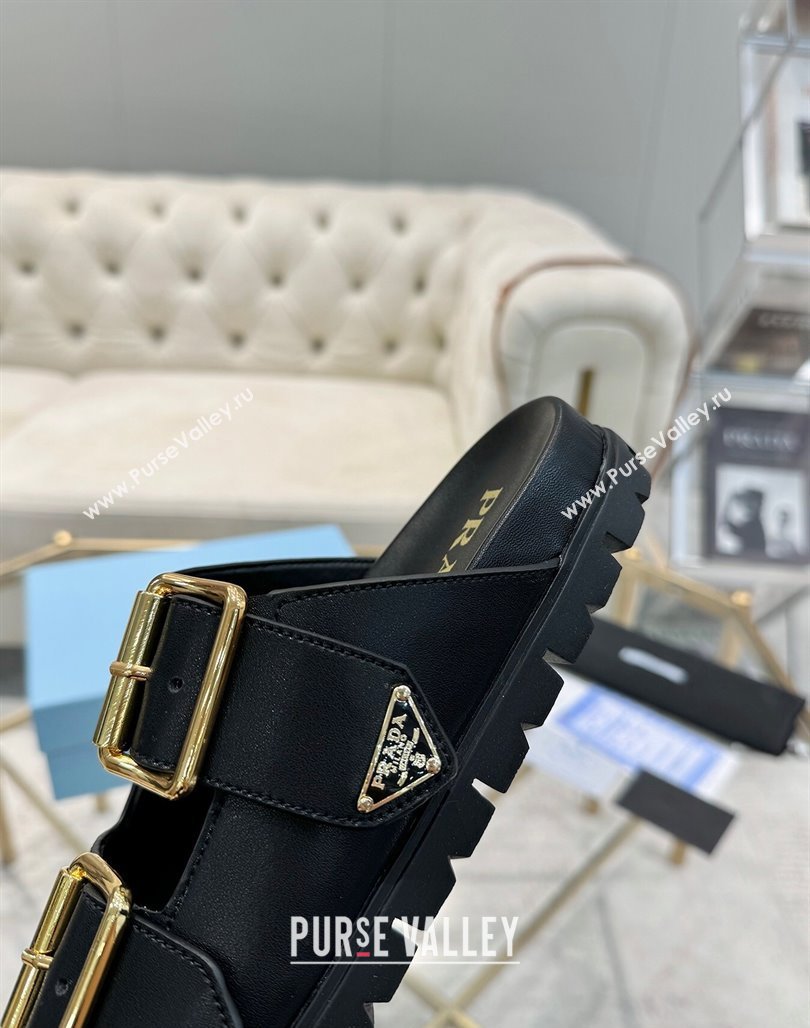 Prada Leather flat slides sandal with buckle Black 2025 1XX692 (MD-250424151)