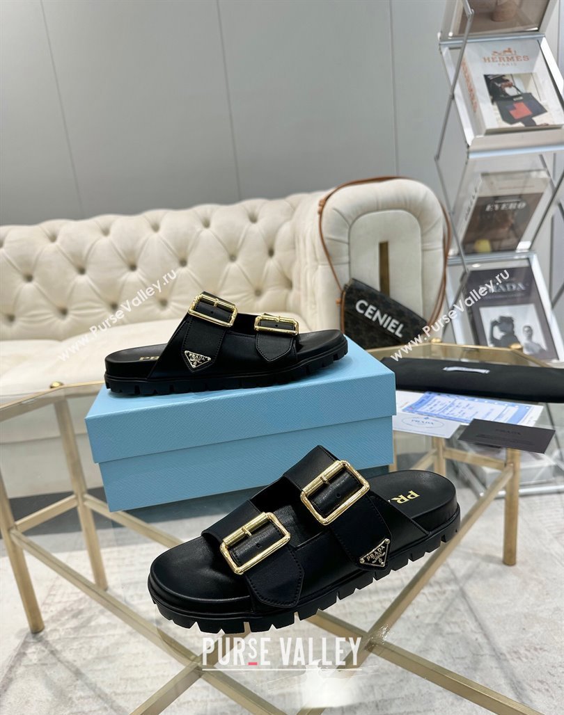 Prada Leather flat slides sandal with buckle Black 2025 1XX692 (MD-250424151)