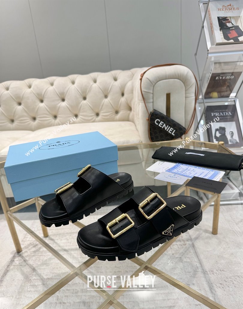 Prada Leather flat slides sandal with buckle Black 2025 1XX692 (MD-250424151)