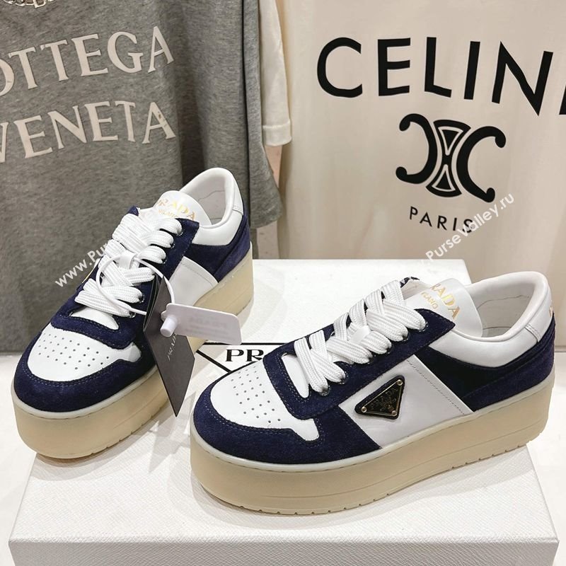 Prada Downtown Bold Nappa Leather and Suede Sneakers White/Blue 2025 1E792M (MD-250424094)