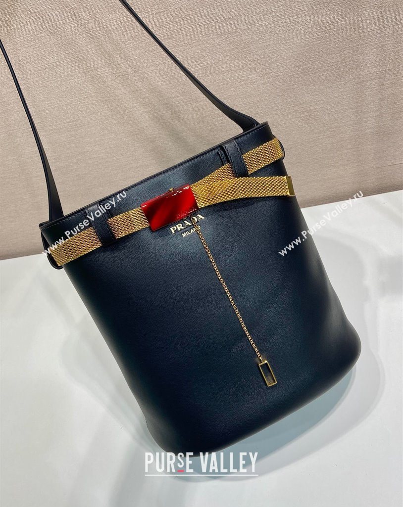 Prada Buckle leather bucket bag with jeweled belt Black 2025 1BE085 (YZ-250521105)