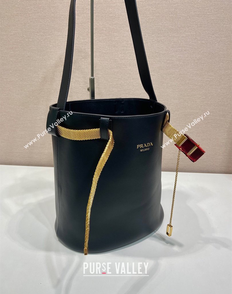 Prada Buckle leather bucket bag with jeweled belt Black 2025 1BE085 (YZ-250521105)