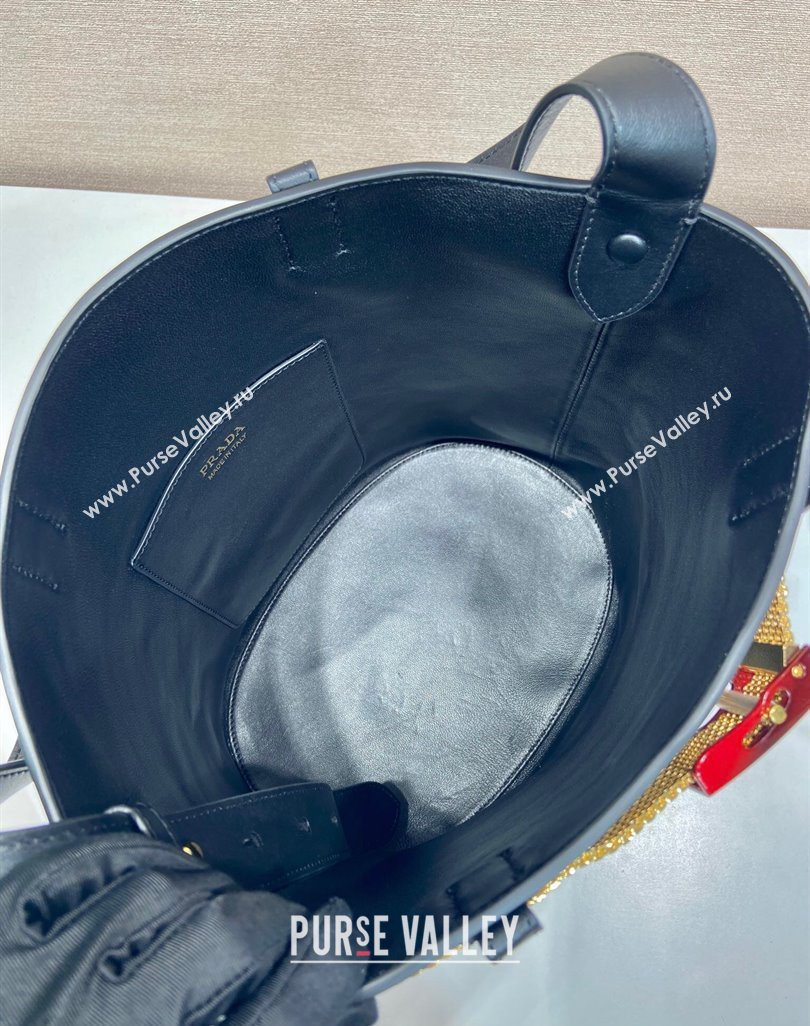 Prada Buckle leather bucket bag with jeweled belt Black 2025 1BE085 (YZ-250521105)