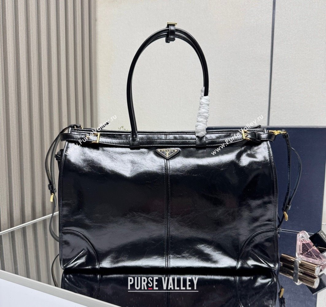 Prada Bonnie extra large shiny leather handbag Black 2025 1BA439 (YZ-250521019)