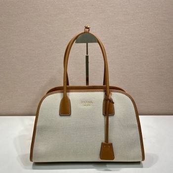 Prada Medium linen blend and leather tote bag Brown 2025 1BG572 (YZ-250521064)