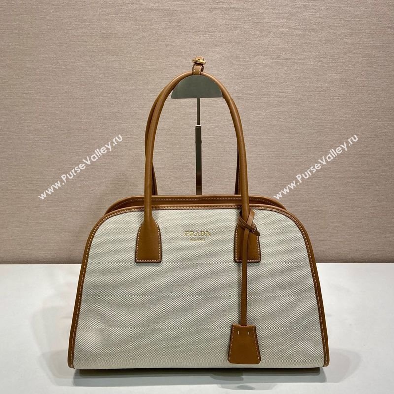 Prada Medium linen blend and leather tote bag Brown 2025 1BG572 (YZ-250521064)