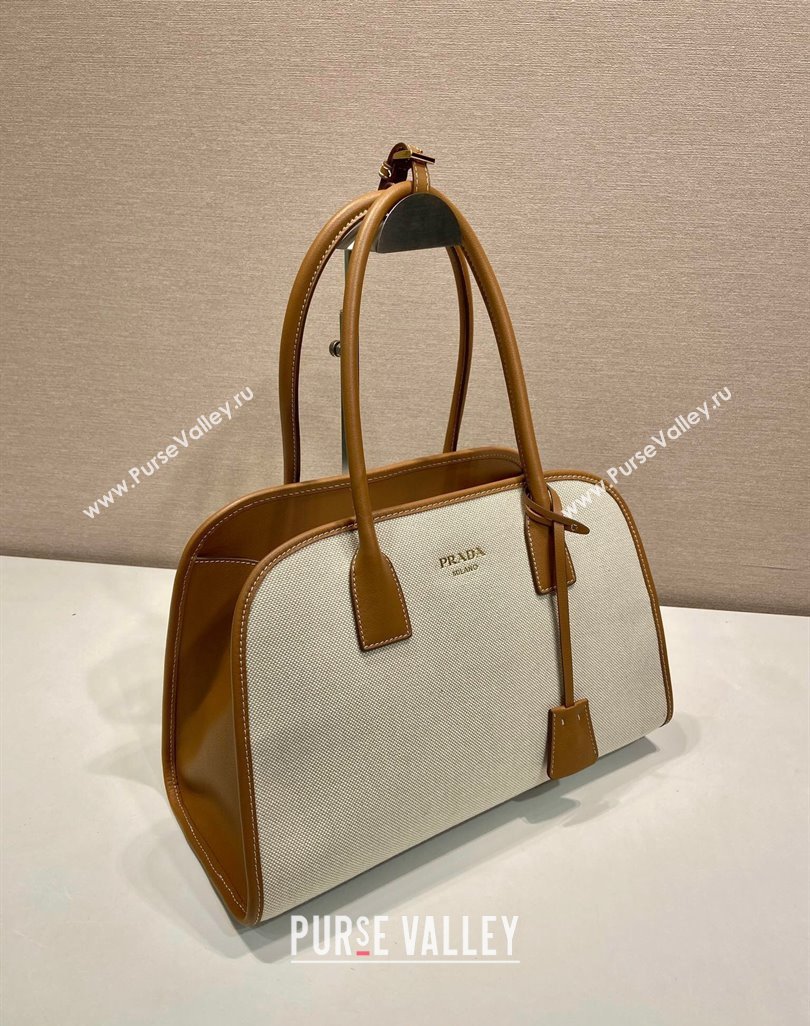 Prada Medium linen blend and leather tote bag Brown 2025 1BG572 (YZ-250521064)