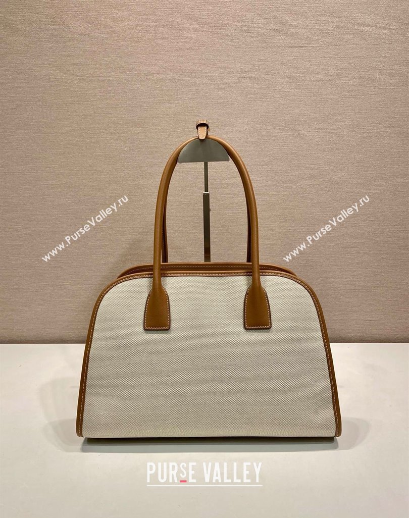 Prada Medium linen blend and leather tote bag Brown 2025 1BG572 (YZ-250521064)