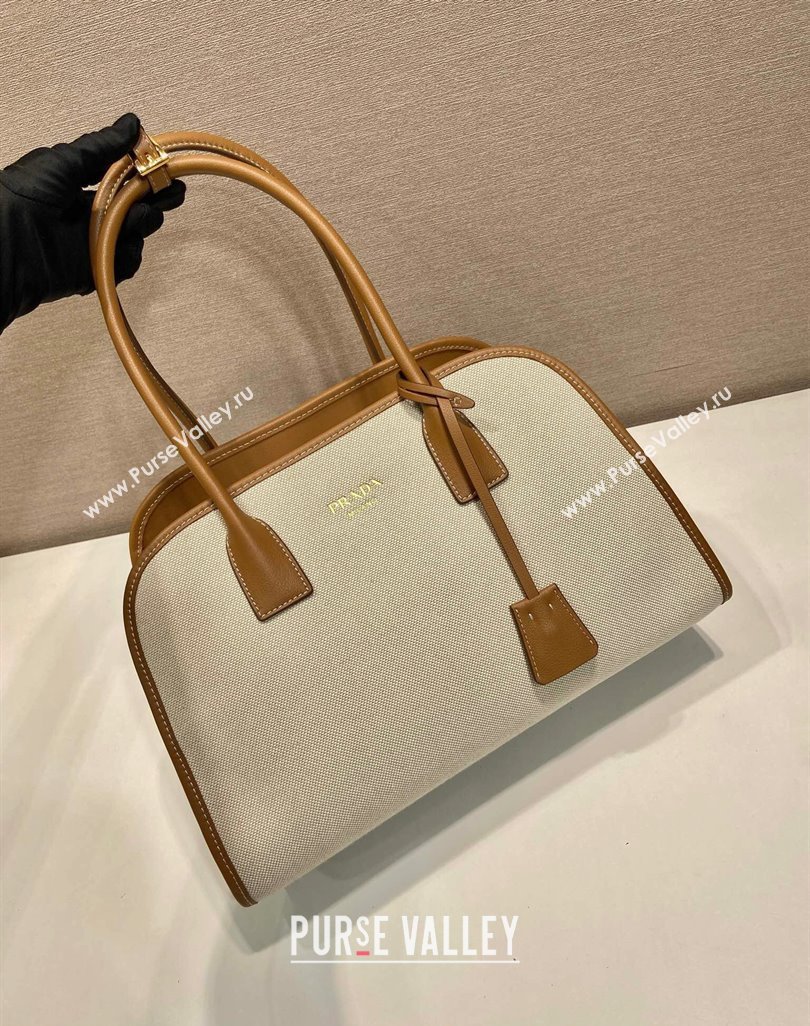 Prada Medium linen blend and leather tote bag Brown 2025 1BG572 (YZ-250521064)