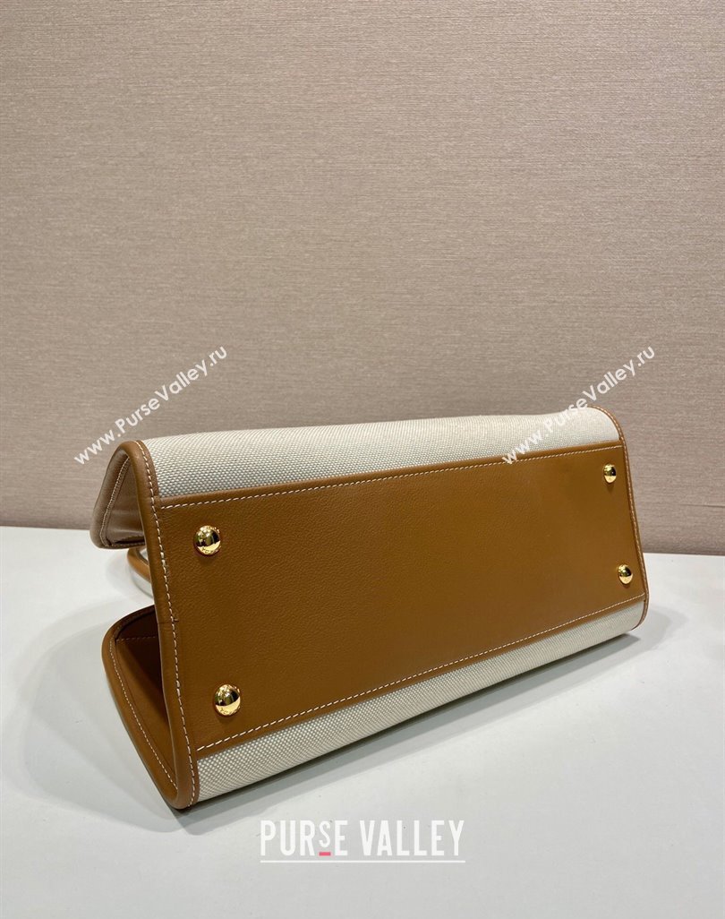 Prada Medium linen blend and leather tote bag Brown 2025 1BG572 (YZ-250521064)