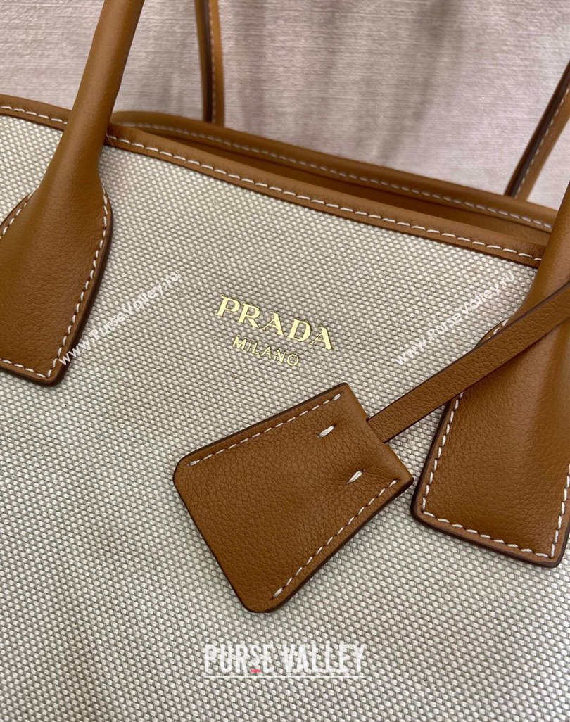 Prada Medium linen blend and leather tote bag Brown 2025 1BG572 (YZ-250521064)