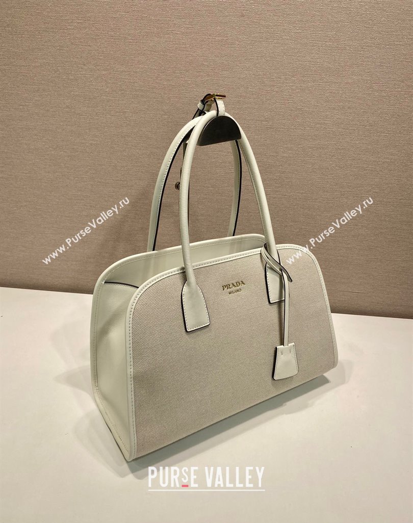 Prada Medium linen blend and leather tote bag White 2025 1BG572 (YZ-250521065)