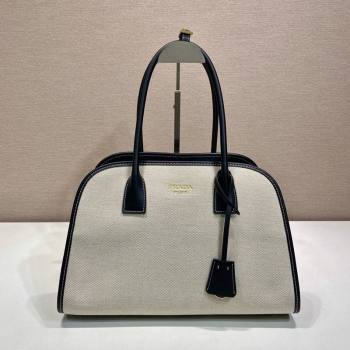 Prada Medium linen blend and leather tote bag Black 2025 1BG572 (YZ-250521066)