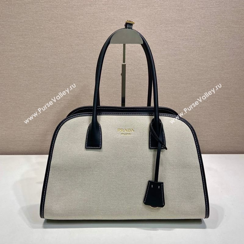 Prada Medium linen blend and leather tote bag Black 2025 1BG572 (YZ-250521066)