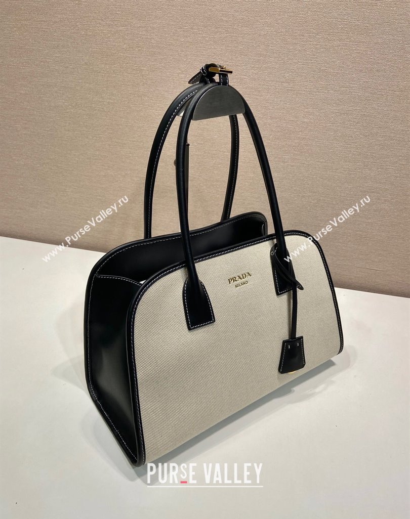 Prada Medium linen blend and leather tote bag Black 2025 1BG572 (YZ-250521066)