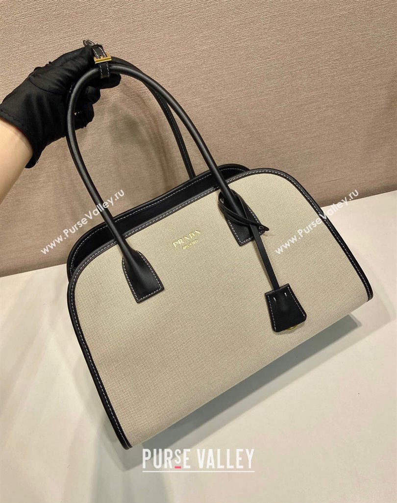 Prada Medium linen blend and leather tote bag Black 2025 1BG572 (YZ-250521066)