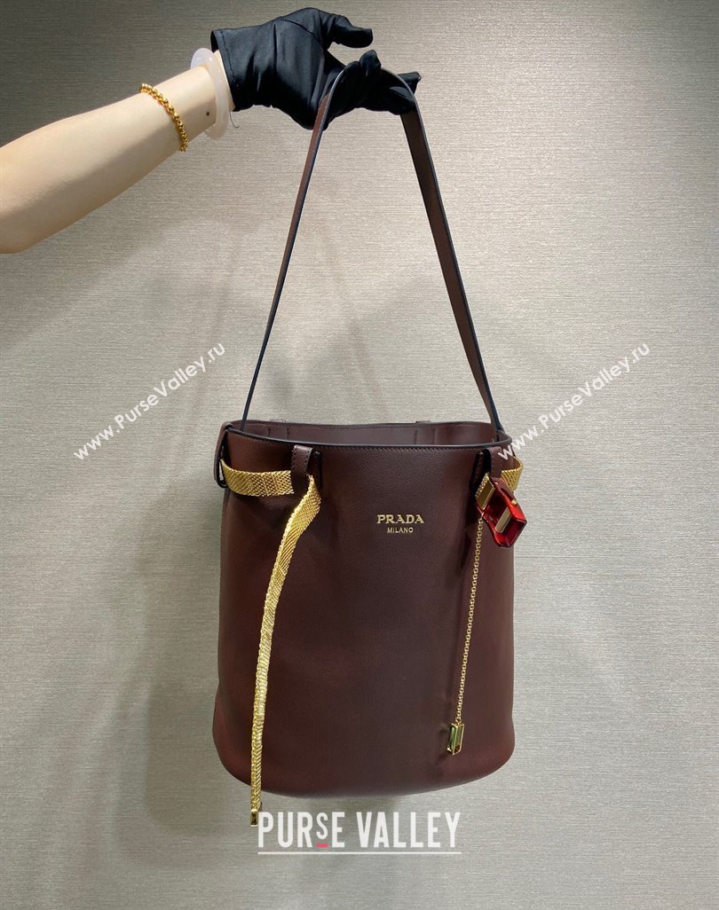Prada Buckle leather bucket bag with jeweled belt Briarwood Brown 2025 1BE085 (YZ-250521103)