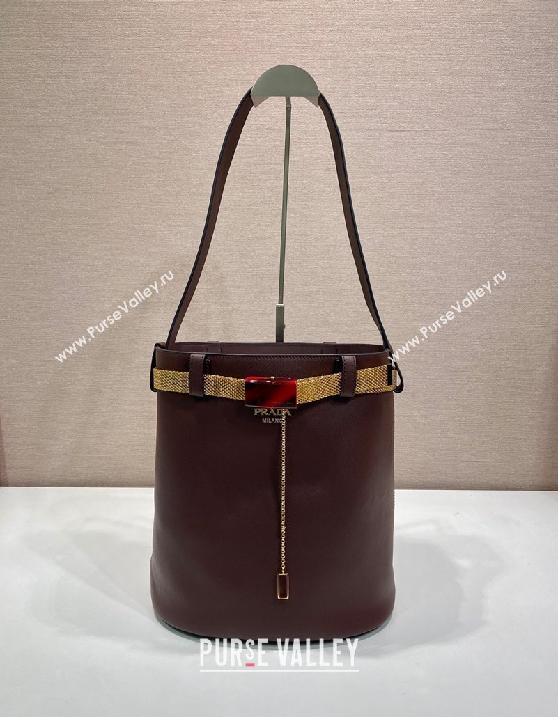 Prada Buckle leather bucket bag with jeweled belt Briarwood Brown 2025 1BE085 (YZ-250521103)