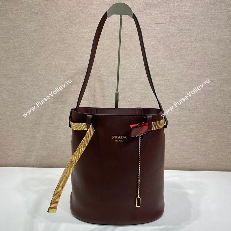 Prada Buckle leather bucket bag with jeweled belt Briarwood Brown 2025 1BE085 (YZ-250521103)