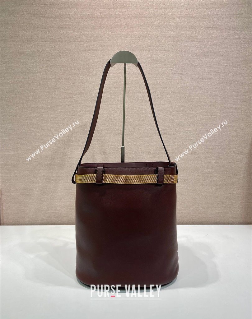 Prada Buckle leather bucket bag with jeweled belt Briarwood Brown 2025 1BE085 (YZ-250521103)