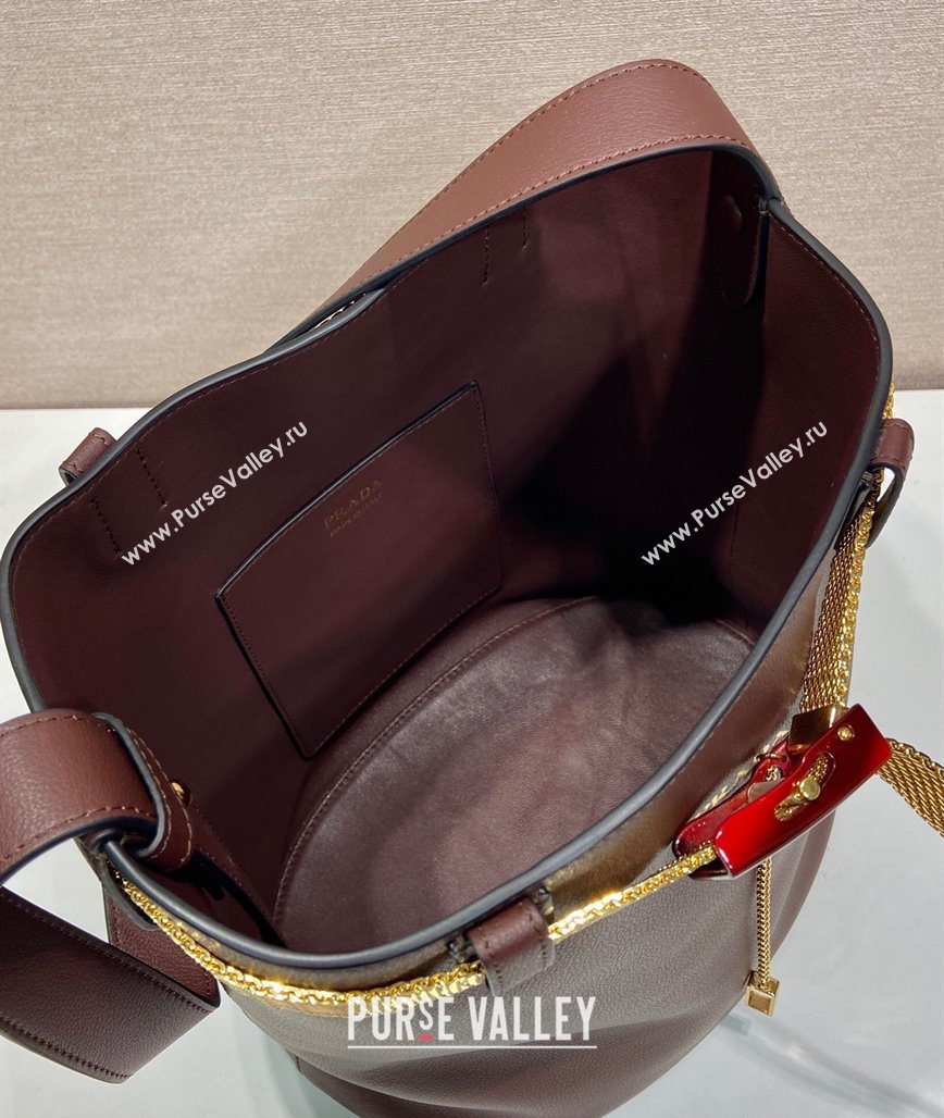 Prada Buckle leather bucket bag with jeweled belt Briarwood Brown 2025 1BE085 (YZ-250521103)