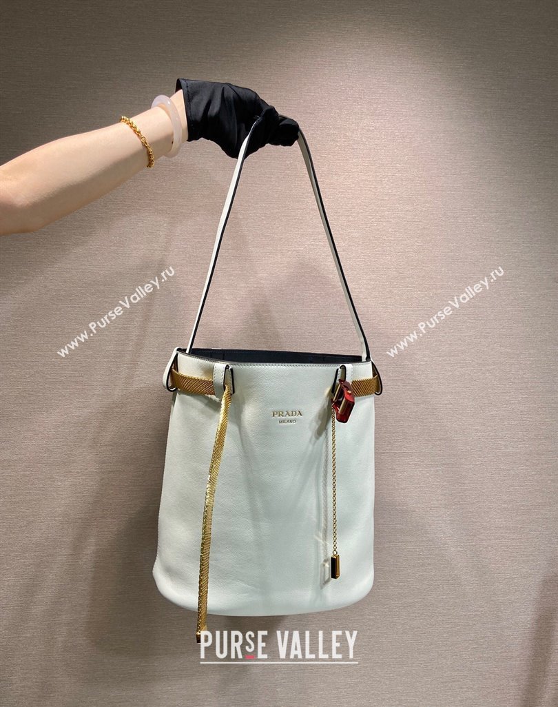 Prada Buckle leather bucket bag with jeweled belt White 2025 1BE085 (YZ-250521104)