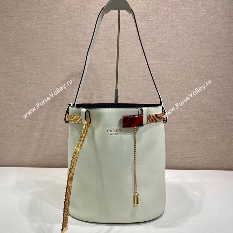 Prada Buckle leather bucket bag with jeweled belt White 2025 1BE085 (YZ-250521104)
