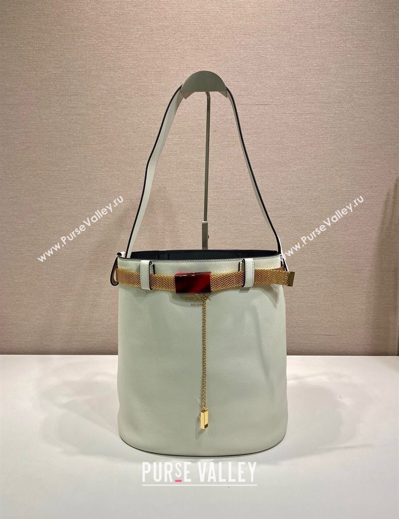 Prada Buckle leather bucket bag with jeweled belt White 2025 1BE085 (YZ-250521104)